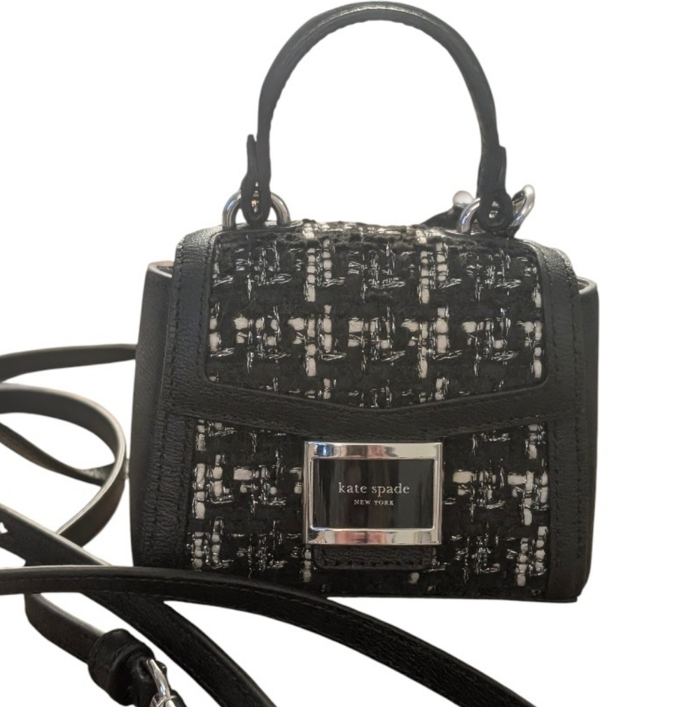 NEW Kate Spade ♠️ Katy Tweed BLACK WHITE Micro Crossbody bag purse - Picture 1 of 8